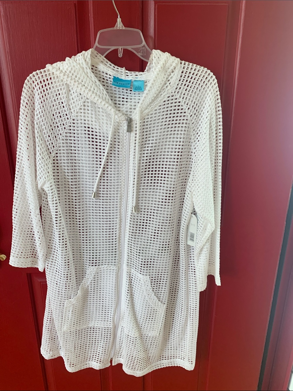 New Kim Roger’s White Mesh Hooded Zip Swim Coverup with Pockets